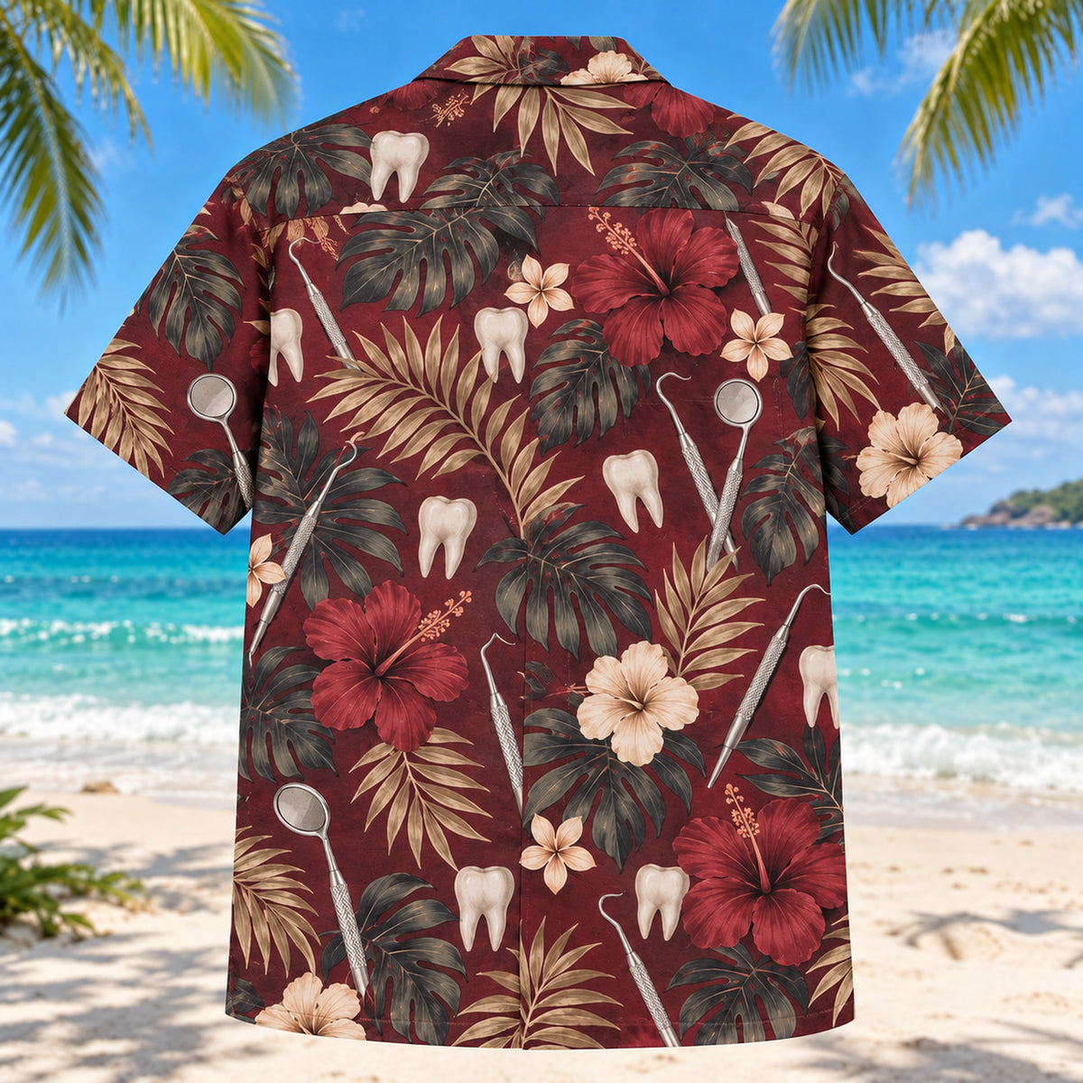 Back view of Mirror Pick Dentist Hawaiian Shirt with matching artwork in burgundy, beige, charcoal