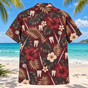 Back view of Mirror Pick Dentist Hawaiian Shirt with matching artwork in burgundy, beige, charcoal