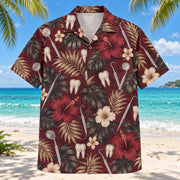 Front view of Mirror Pick Dentist Hawaiian Shirt with original mirror pick motifs, with tropical botanical accents; no text or branded equipment