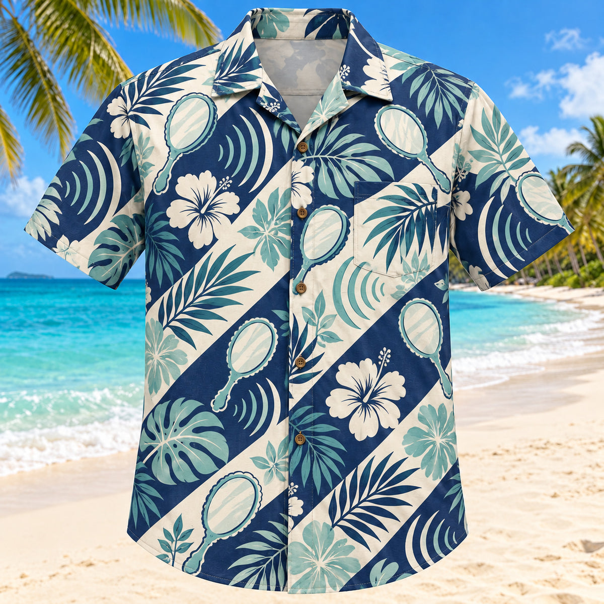 Front view of Mirror Voice Navy Speech-Language Pathologist Hawaiian Shirt with original generic handheld mirrors and abstract sound waves in a large focal motifs with small botanical echoes