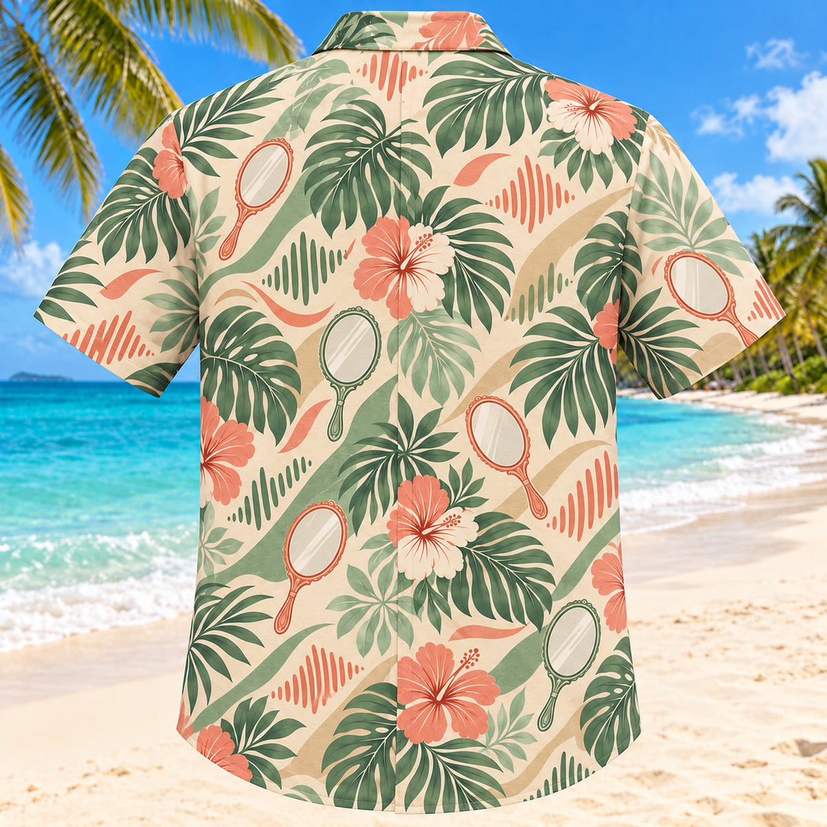 Back view of Mirror Voice Sage Speech-Language Pathologist Hawaiian Shirt with matching artwork in sage, sand, coral