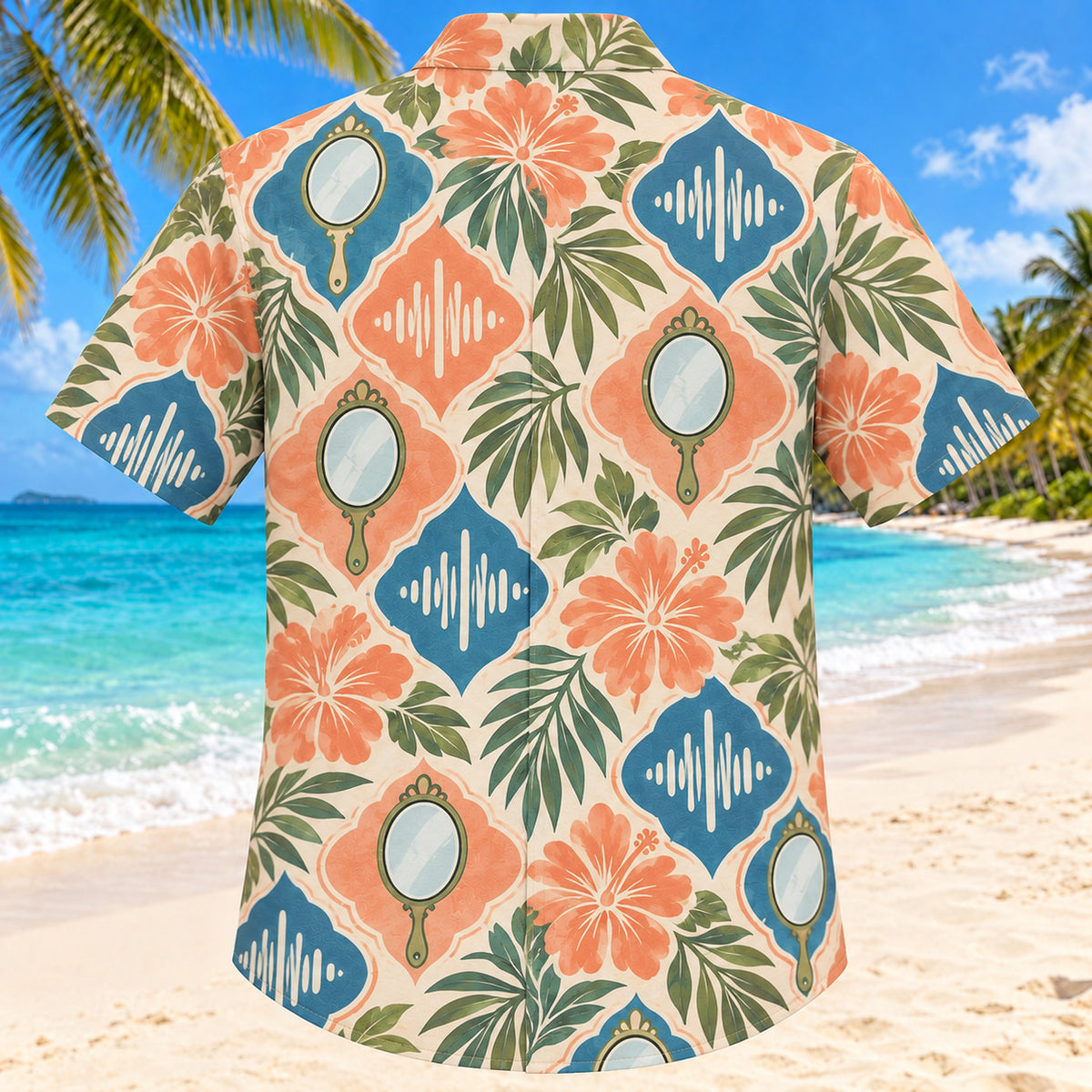 Back view of Mirror Voice Sunset Speech-Language Pathologist Hawaiian Shirt with matching artwork in sunset peach, sea blue, olive