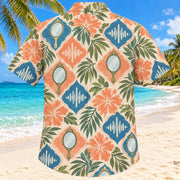 Back view of Mirror Voice Sunset Speech-Language Pathologist Hawaiian Shirt with matching artwork in sunset peach, sea blue, olive