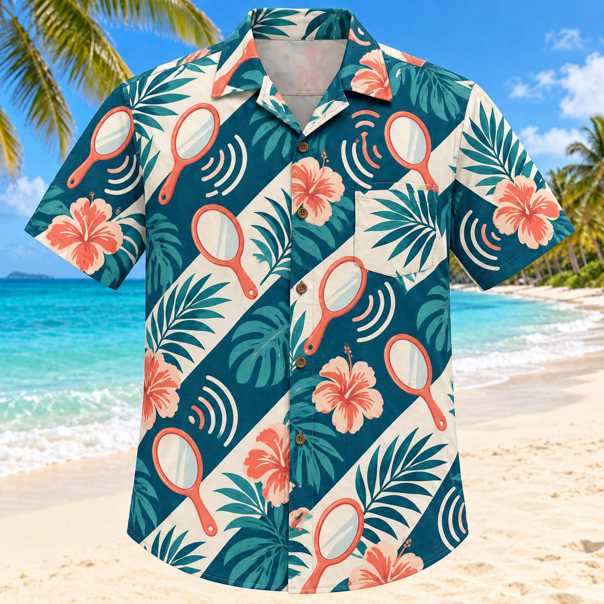 Front view of Mirror Voice Teal Speech-Language Pathologist Hawaiian Shirt with original generic handheld mirrors and abstract sound waves in a airy diagonal repeat