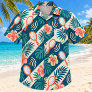 Front view of Mirror Voice Teal Speech-Language Pathologist Hawaiian Shirt with original generic handheld mirrors and abstract sound waves in a airy diagonal repeat