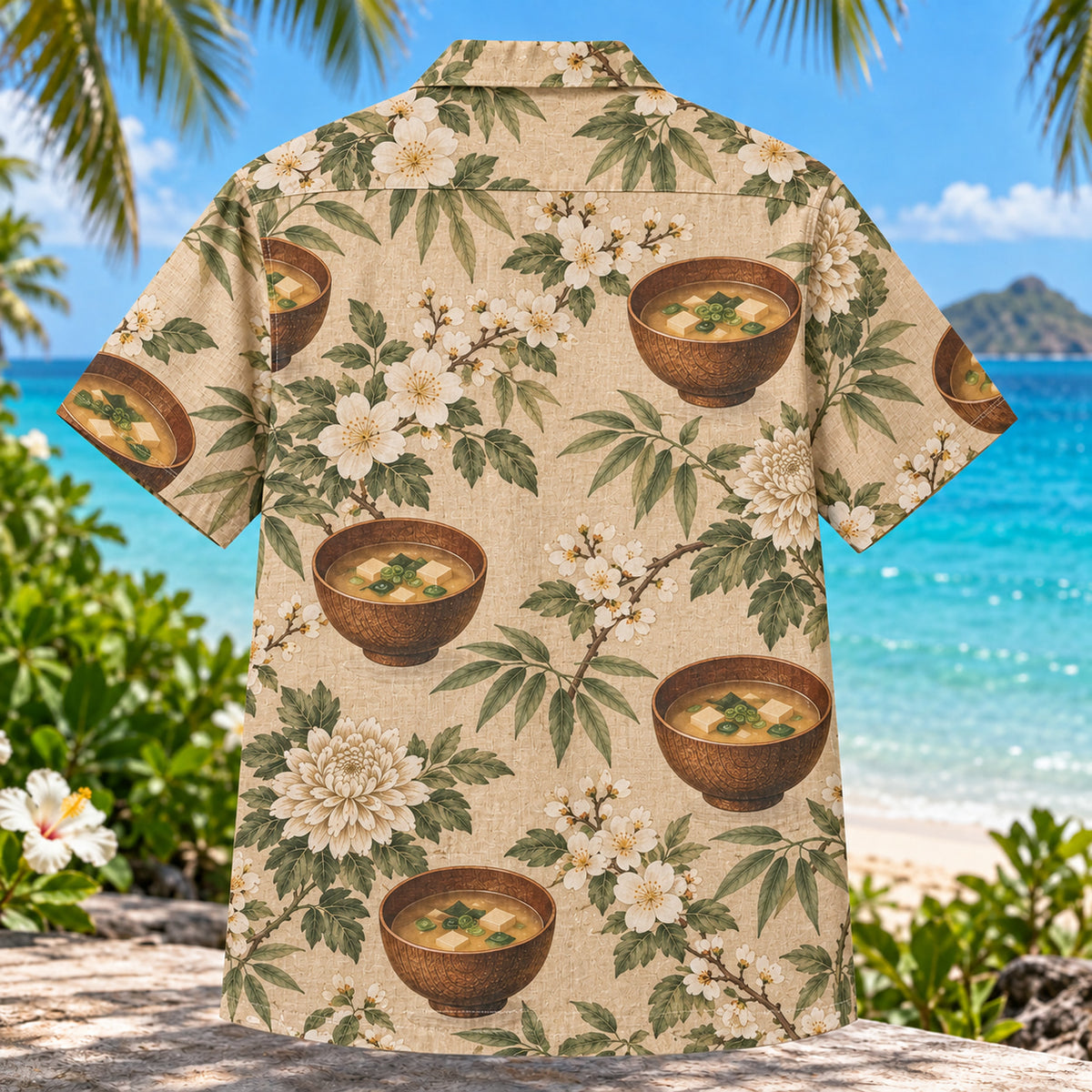 Back view of Miso Garden Japanese Food Hawaiian Shirt with matching artwork in tan, sage, cream