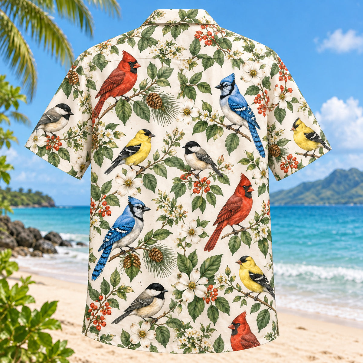 Back view of Backyard Birds Botanical Hawaiian Shirt with matching bird artwork in cream, red, blue, yellow