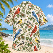 Back view of Backyard Birds Botanical Hawaiian Shirt with matching bird artwork in cream, red, blue, yellow