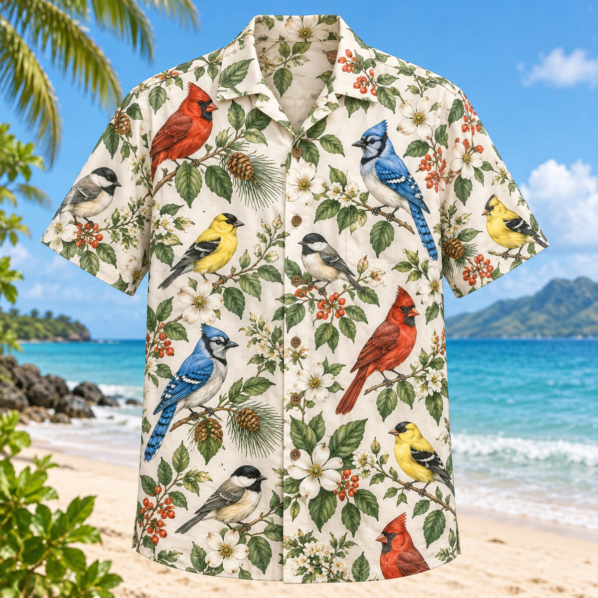 Front view of Backyard Birds Botanical Hawaiian Shirt with cardinals, blue jays, goldfinches and chickadees among botanical leaves