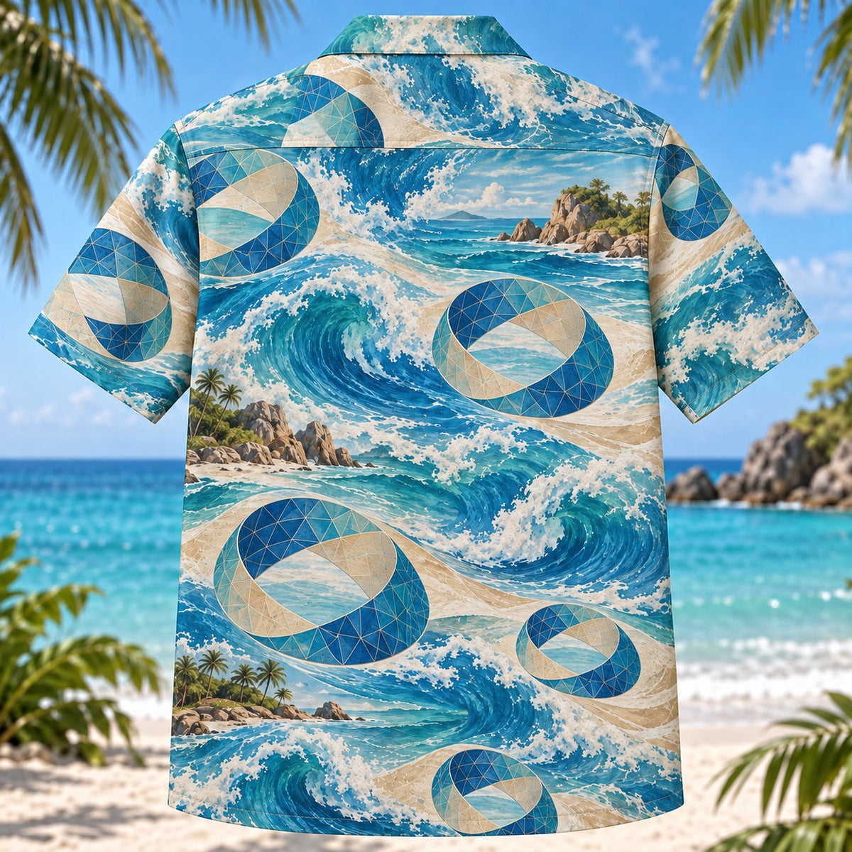Back view of Mobius Coast Mathematics Hawaiian Shirt with matching artwork in aqua, sand, blue