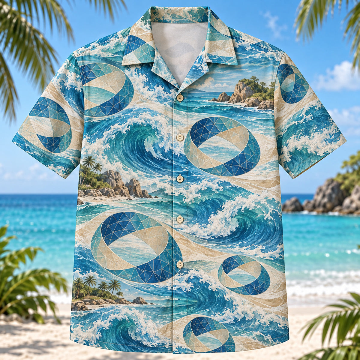 Front view of Mobius Coast Mathematics Hawaiian Shirt with mathematically coherent Mobius strip motifs among coastal waves