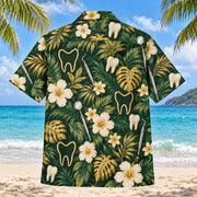 Back view of Molar Outline Dentist Hawaiian Shirt with matching artwork in forest, gold, cream