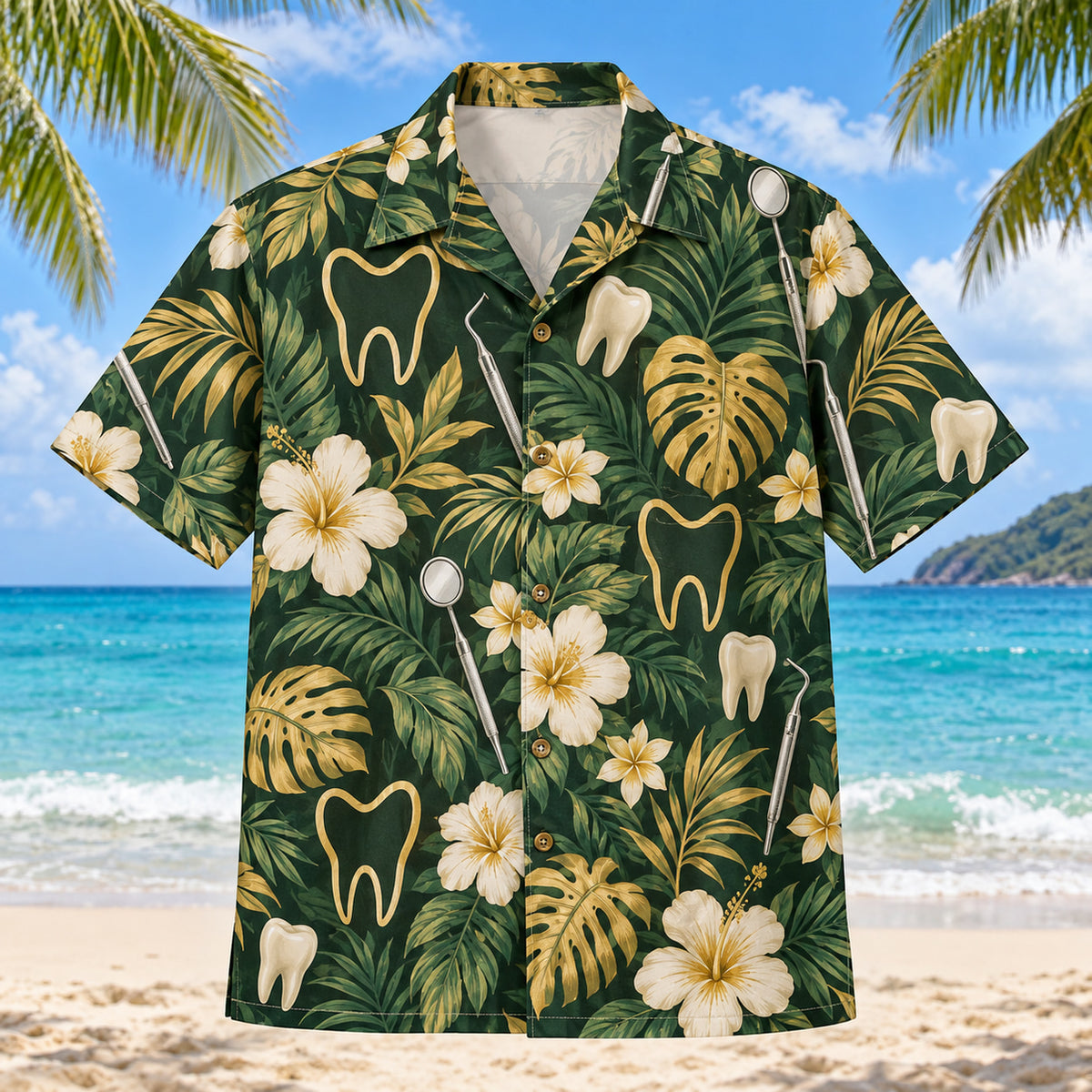 Front view of Molar Outline Dentist Hawaiian Shirt with original molar outline motifs, with tropical botanical accents; no text or branded equipment