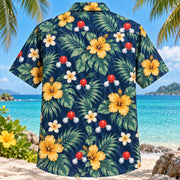 Back view of Molecule Garden Chemistry Hawaiian Shirt with matching artwork in navy, mint, gold