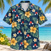 Front view of Molecule Garden Chemistry Hawaiian Shirt with simple accurate water molecules among garden flowers