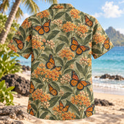 Back view of Monarch Milkweed Butterfly and Moth Hawaiian Shirt with matching artwork in orange, black, sage