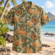 Front view of Monarch Milkweed Butterfly and Moth Hawaiian Shirt with monarch butterflies among milkweed flowers