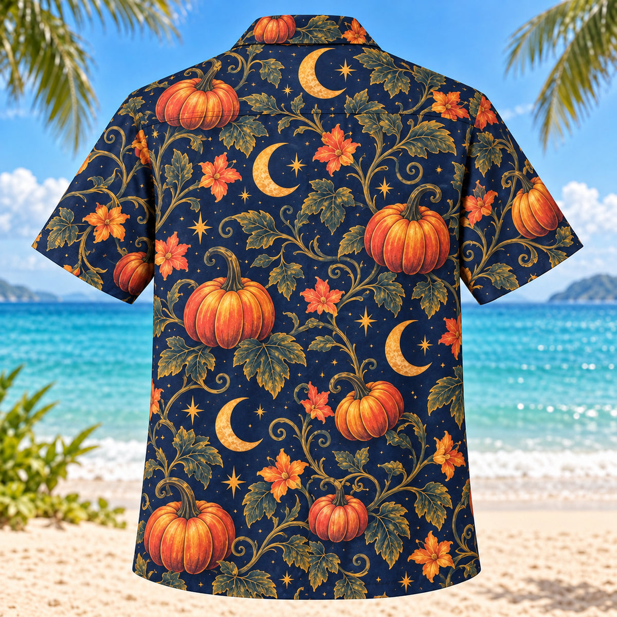 Back view of Moonlit Pumpkin Adult Halloween Hawaiian Shirt with matching artwork in midnight blue, coral, gold