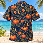 Back view of Moonlit Pumpkin Adult Halloween Hawaiian Shirt with matching artwork in midnight blue, coral, gold