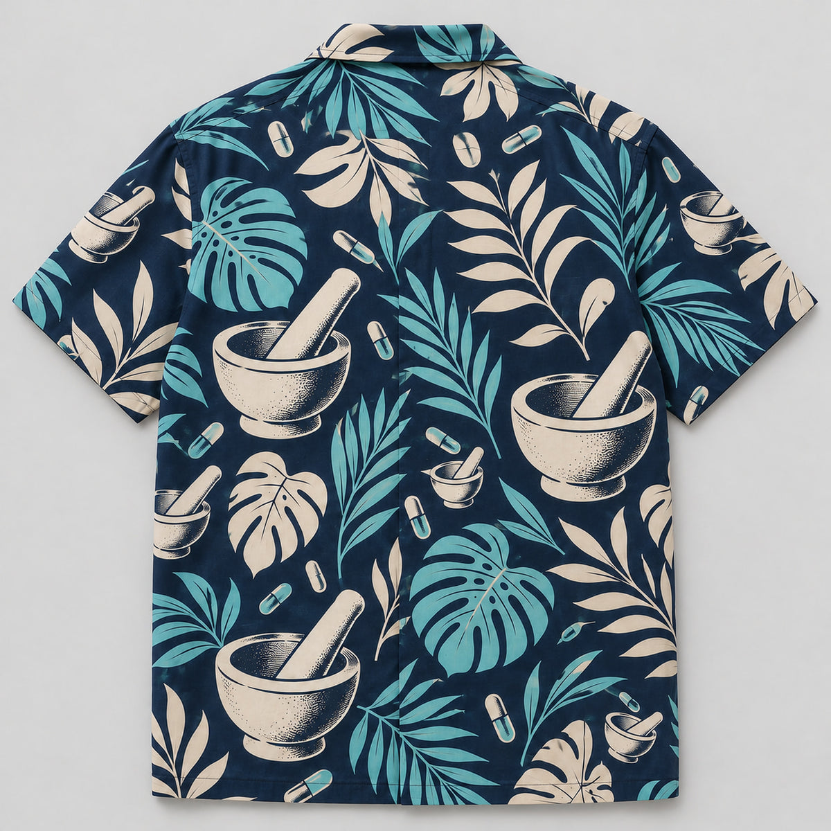 Back view of Mortar Garden Navy Pharmacist Hawaiian Shirt with matching artwork in navy, aqua, warm cream