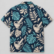 Back view of Mortar Garden Navy Pharmacist Hawaiian Shirt with matching artwork in navy, aqua, warm cream