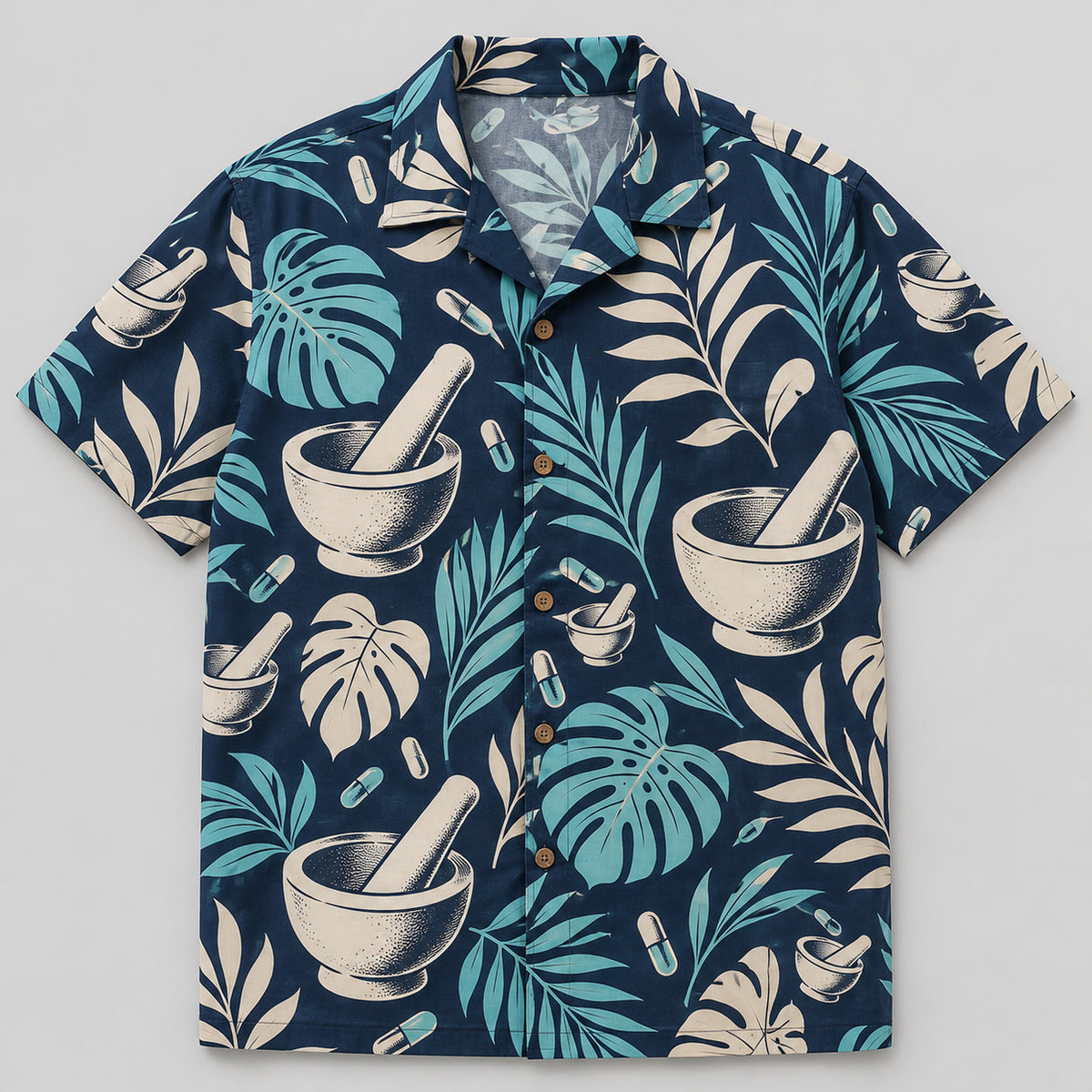 Front view of Mortar Garden Navy Pharmacist Hawaiian Shirt with original mortar and pestle, leaves and generic capsules in a large focal motifs with small botanical echoes