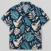 Front view of Mortar Garden Navy Pharmacist Hawaiian Shirt with original mortar and pestle, leaves and generic capsules in a large focal motifs with small botanical echoes