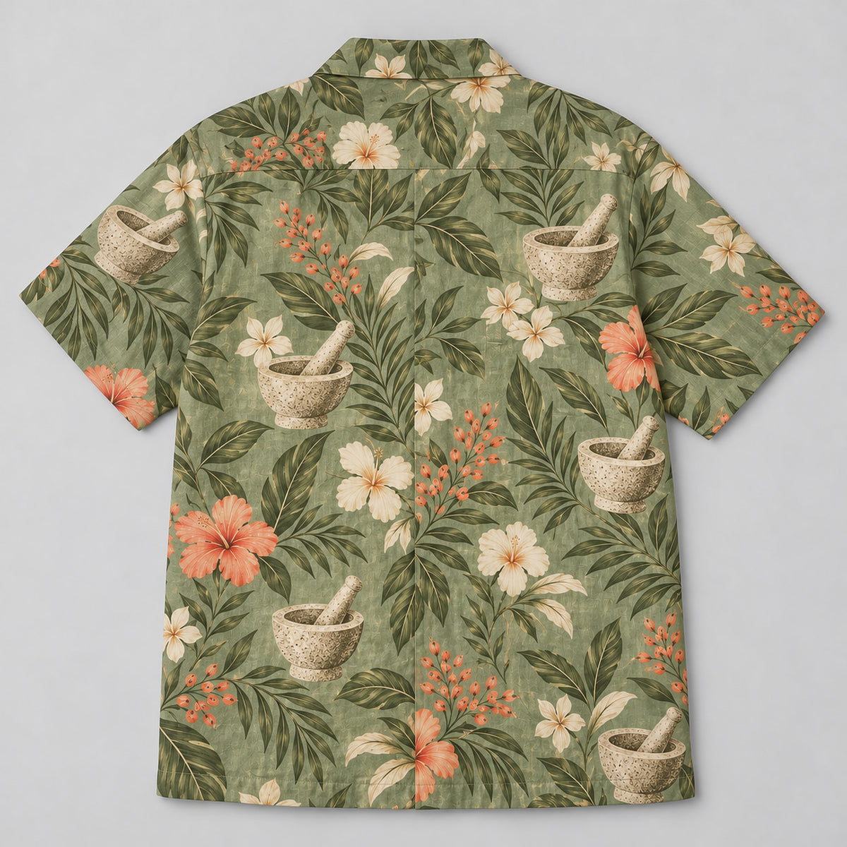 Back view of Mortar Garden Sage Pharmacist Hawaiian Shirt with matching artwork in sage, sand, coral