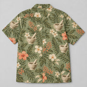 Back view of Mortar Garden Sage Pharmacist Hawaiian Shirt with matching artwork in sage, sand, coral