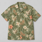 Front view of Mortar Garden Sage Pharmacist Hawaiian Shirt with original mortar and pestle, leaves and generic capsules in a relaxed botanical clusters