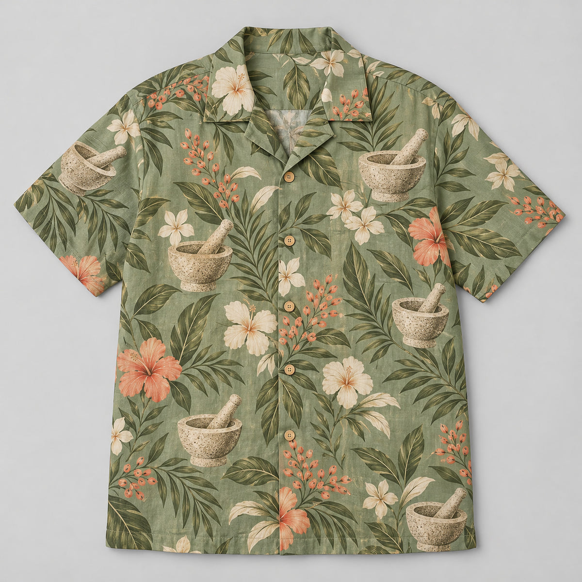 Front view of Mortar Garden Sage Pharmacist Hawaiian Shirt with original mortar and pestle, leaves and generic capsules in a relaxed botanical clusters