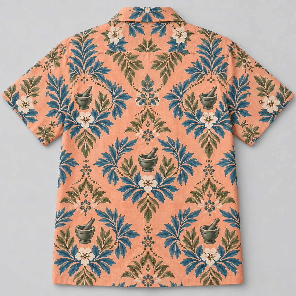 Back view of Mortar Garden Sunset Pharmacist Hawaiian Shirt with matching artwork in sunset peach, sea blue, olive