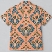 Back view of Mortar Garden Sunset Pharmacist Hawaiian Shirt with matching artwork in sunset peach, sea blue, olive