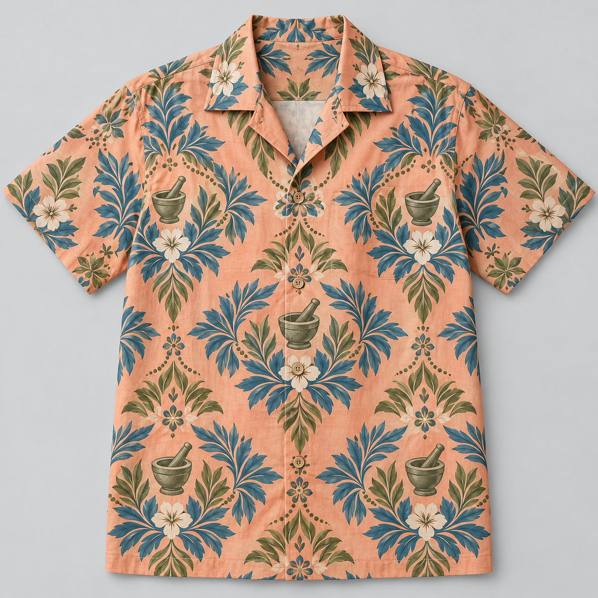 Front view of Mortar Garden Sunset Pharmacist Hawaiian Shirt with original mortar and pestle, leaves and generic capsules in a loose geometric medallions