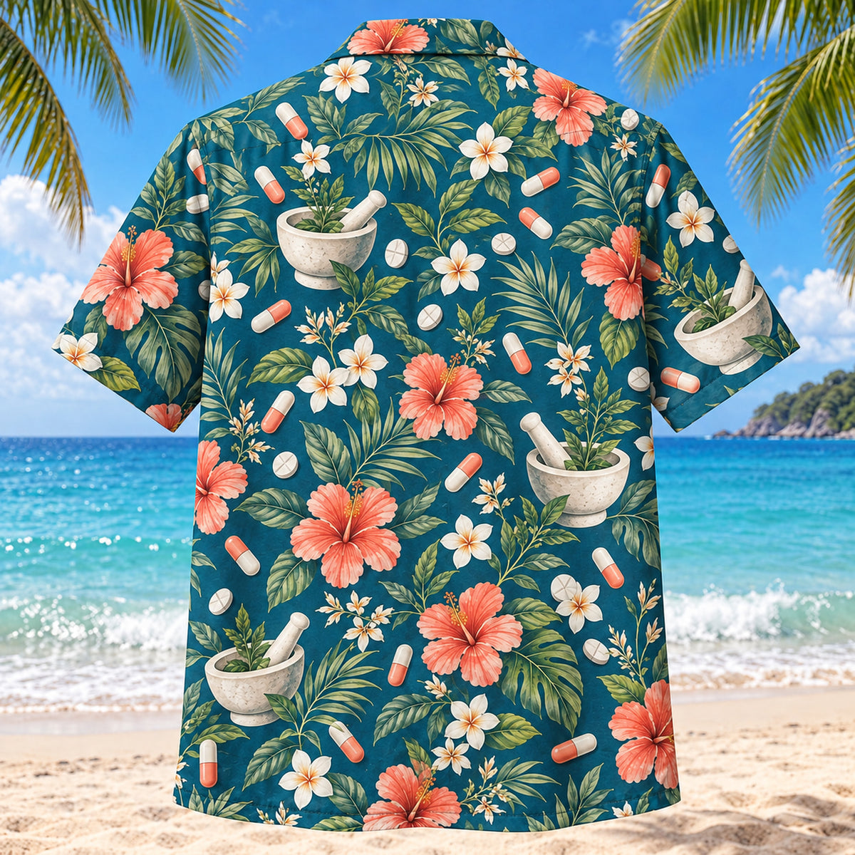 Back view of Mortar Garden Teal Pharmacist Hawaiian Shirt with continuous seamless back panel