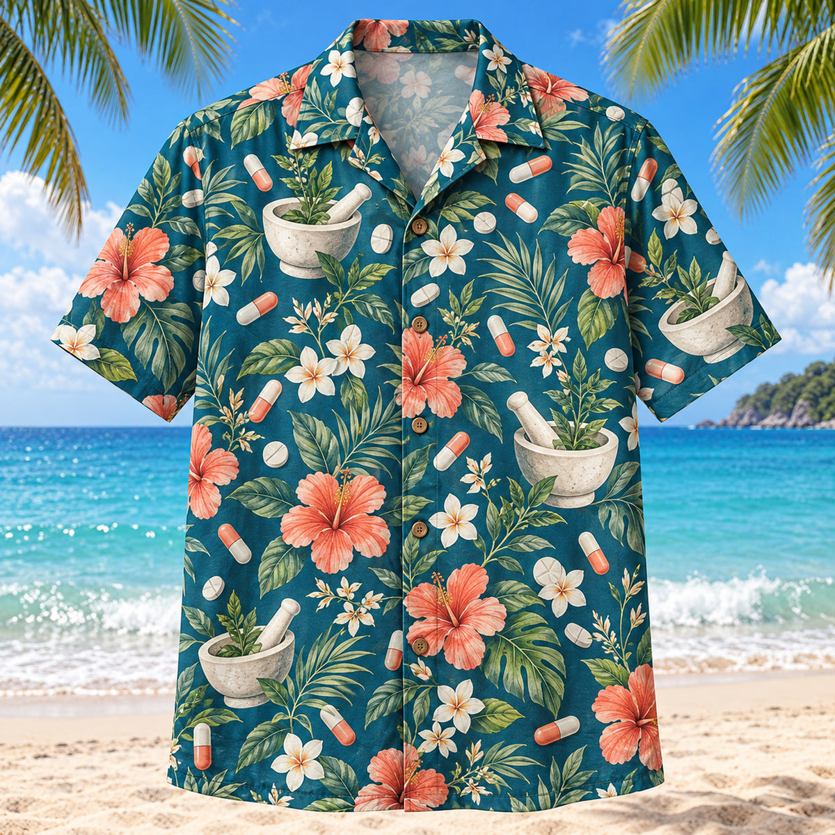 Front view of Mortar Garden Teal Pharmacist Hawaiian Shirt with original mortar and pestle, leaves and generic capsules in a airy diagonal repeat