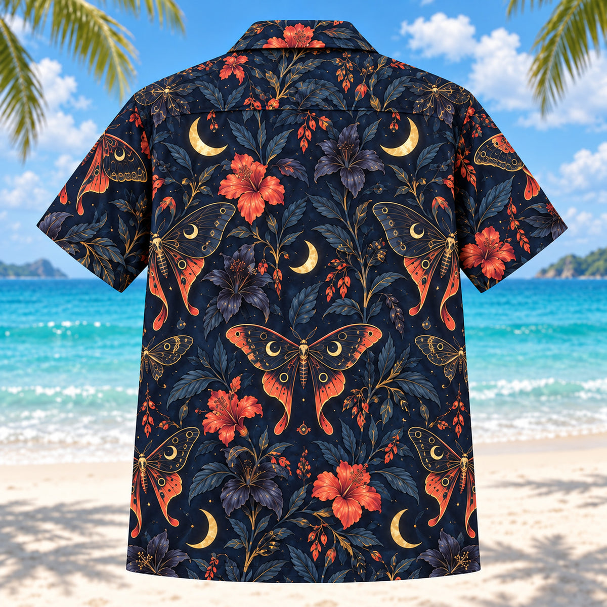 Back view of Moth and Moon Adult Halloween Hawaiian Shirt with matching artwork in midnight blue, coral, gold