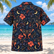 Back view of Moth and Moon Adult Halloween Hawaiian Shirt with matching artwork in midnight blue, coral, gold