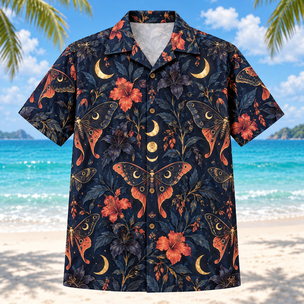 Front view of Moth and Moon Adult Halloween Hawaiian Shirt with original, text-free illustrations of invented moths, crescent moons and dark florals