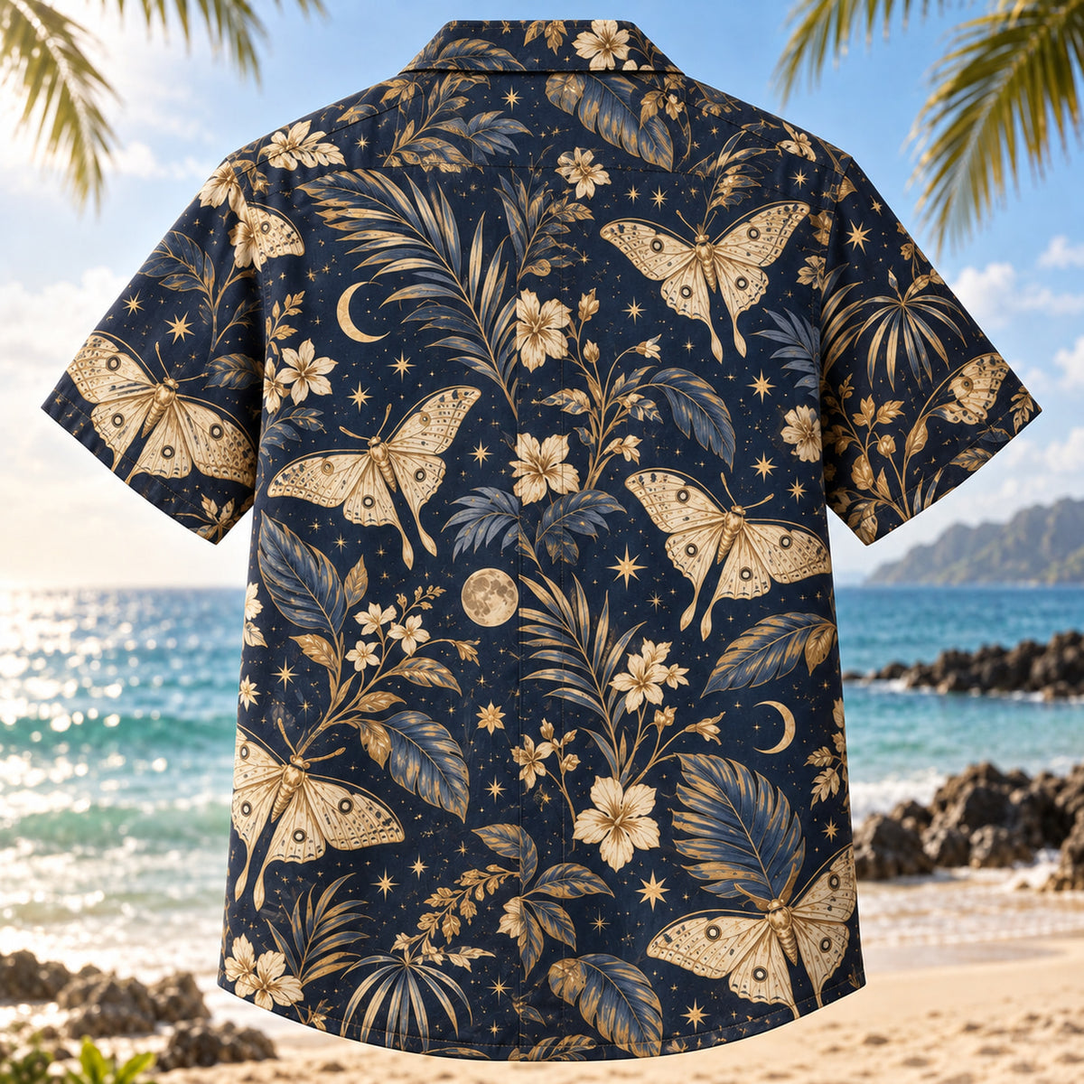 Back view of Moth Constellation Butterfly and Moth Hawaiian Shirt with matching artwork in navy, gold, ivory