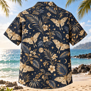 Back view of Moth Constellation Butterfly and Moth Hawaiian Shirt with matching artwork in navy, gold, ivory