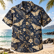Front view of Moth Constellation Butterfly and Moth Hawaiian Shirt with original moth silhouettes and night sky botanical motifs