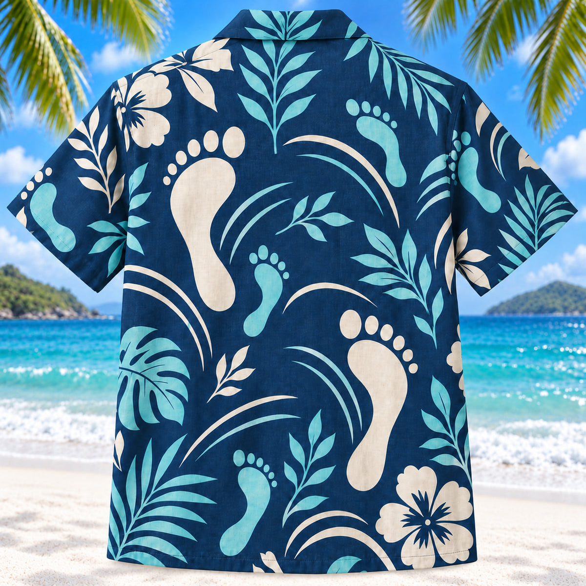 Back view of Motion Steps Navy Physical Therapist Hawaiian Shirt on a Hawaiian beach with fine white sand