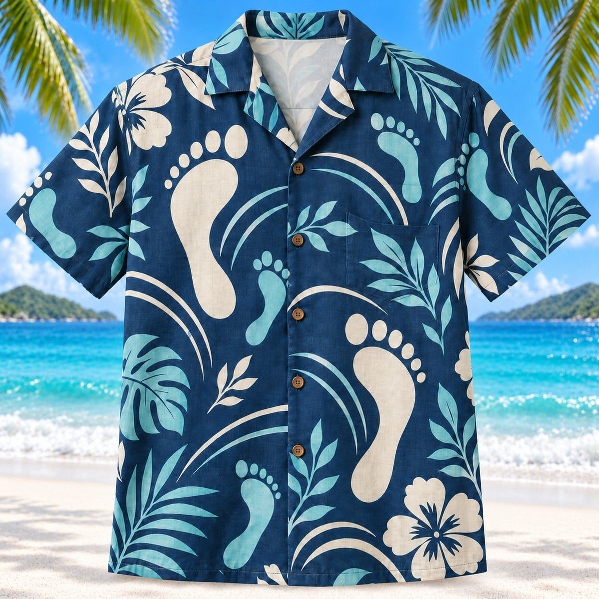 Front view of Motion Steps Navy Physical Therapist Hawaiian Shirt on a Hawaiian beach with fine white sand