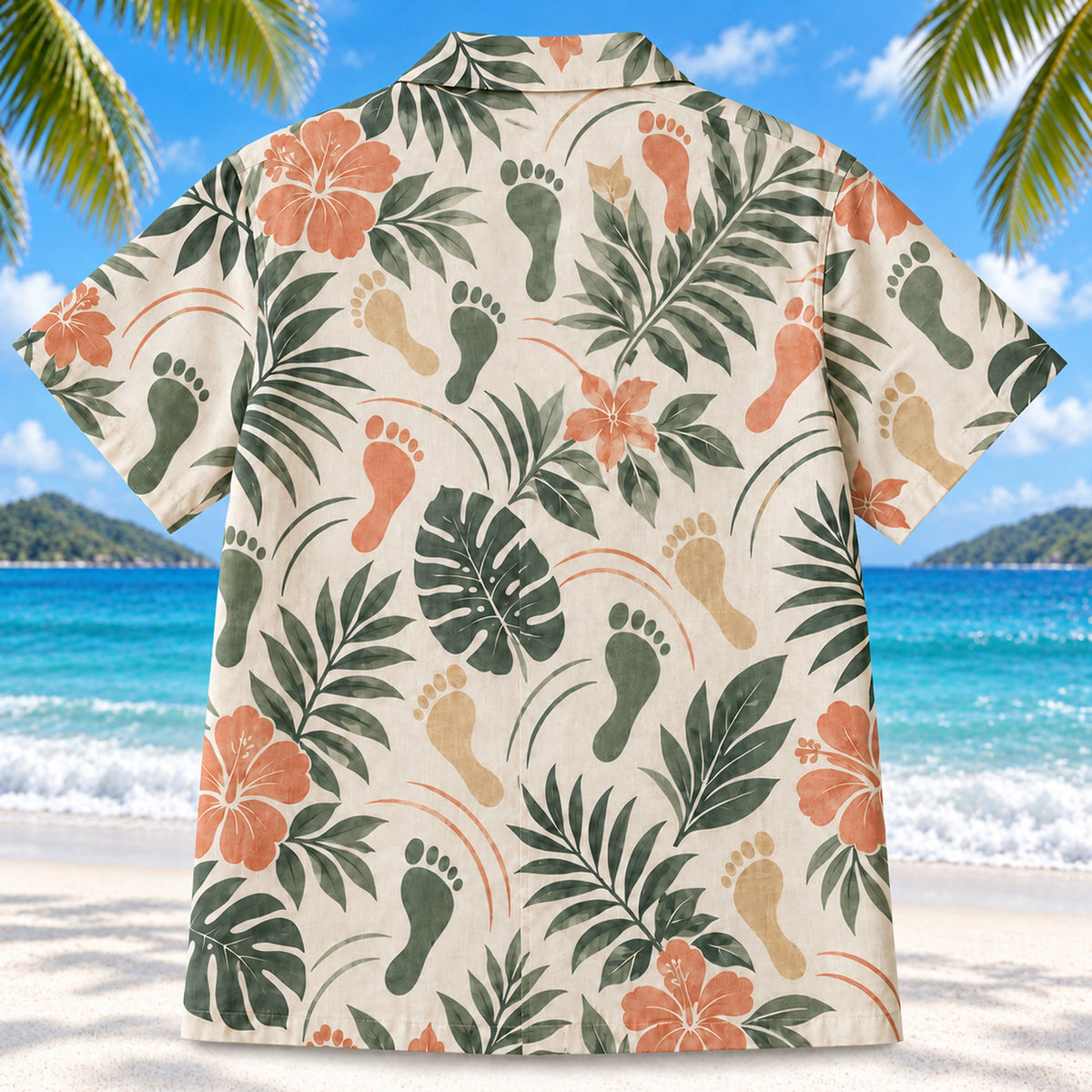Back view of Motion Steps Sage Physical Therapist Hawaiian Shirt on a Hawaiian beach with fine white sand