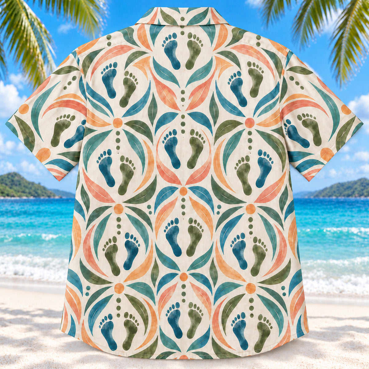 Back view of Motion Steps Sunset Physical Therapist Hawaiian Shirt on a Hawaiian beach with fine white sand