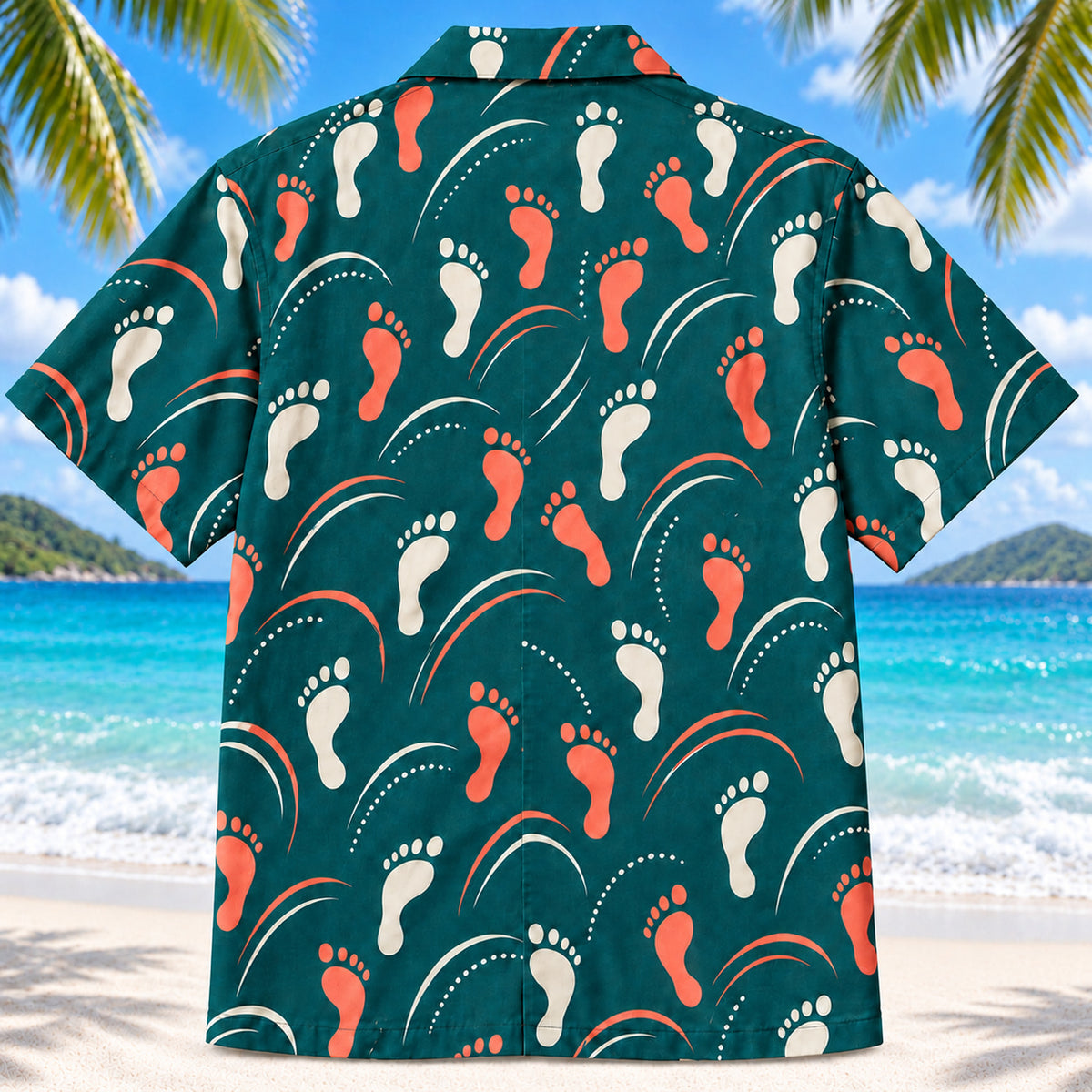 Back view of Motion Steps Teal Physical Therapist Hawaiian Shirt on a Hawaiian beach with fine white sand