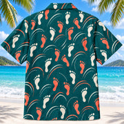 Back view of Motion Steps Teal Physical Therapist Hawaiian Shirt on a Hawaiian beach with fine white sand