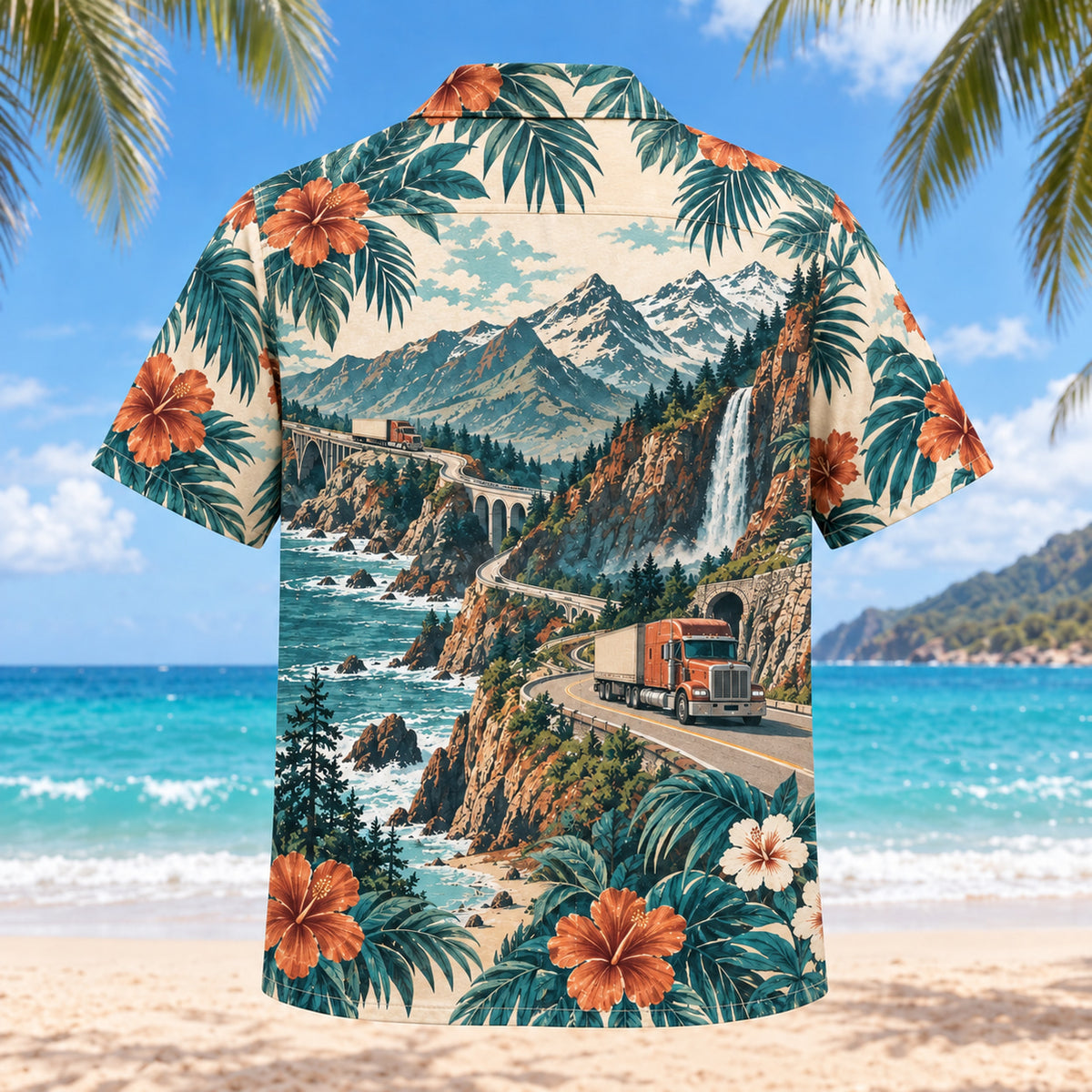 Back view of Mountain Route Truck Driver Hawaiian Shirt with matching artwork in teal, ivory, rust