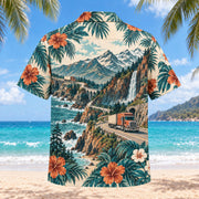 Back view of Mountain Route Truck Driver Hawaiian Shirt with matching artwork in teal, ivory, rust